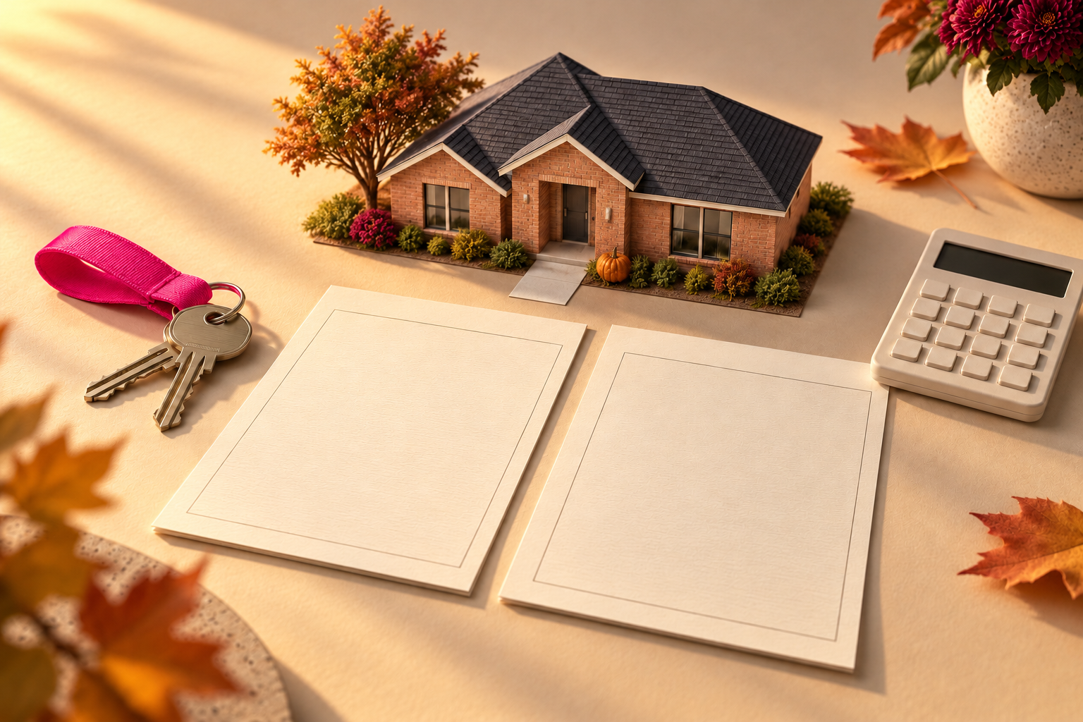 Autumn editorial miniature of a brick house, fall leaves, keys with a pink ribbon, a calculator and two blank offer sheets.