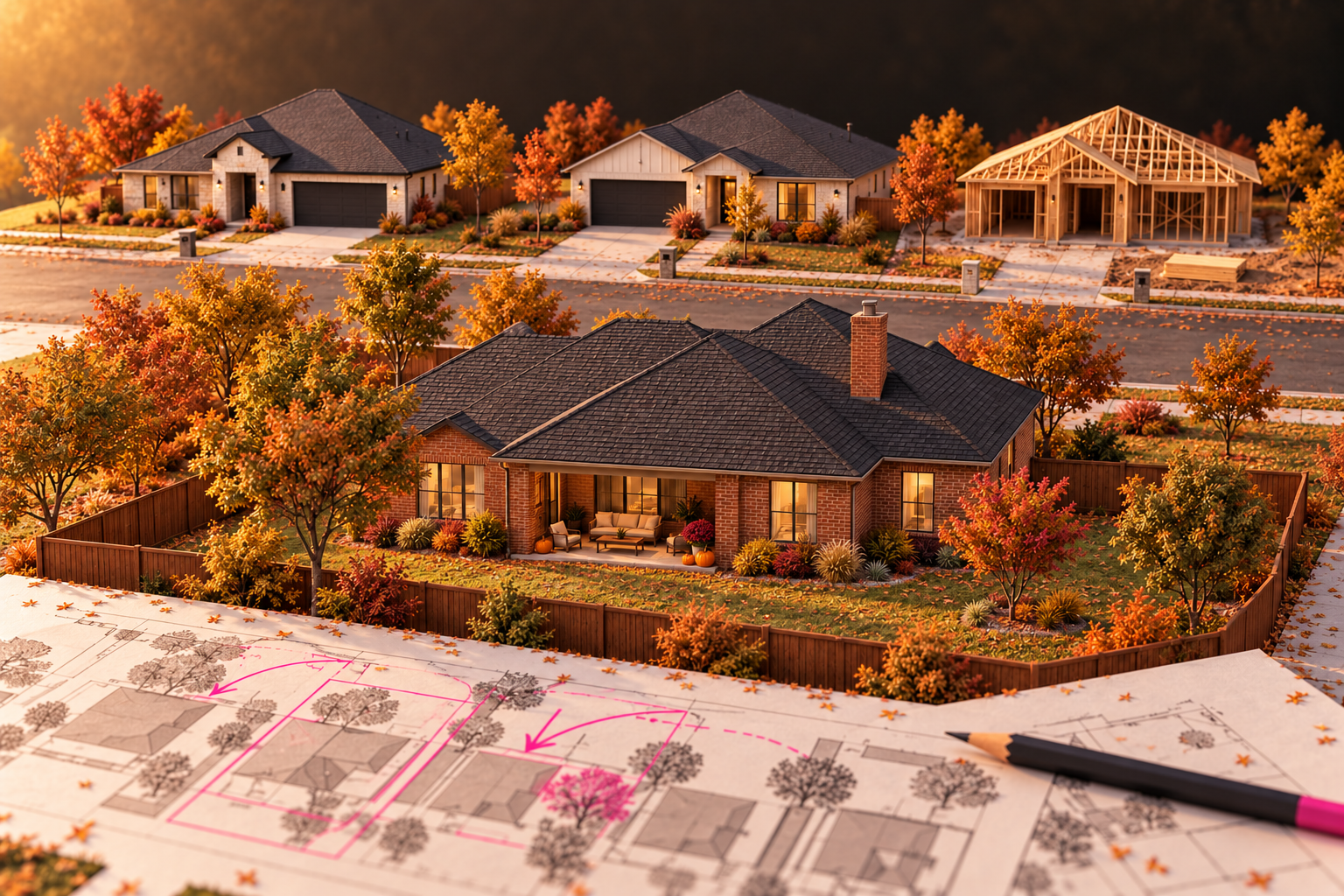 Autumn editorial miniature of an established brick home with a fenced yard, colorful fall trees and nearby new construction.